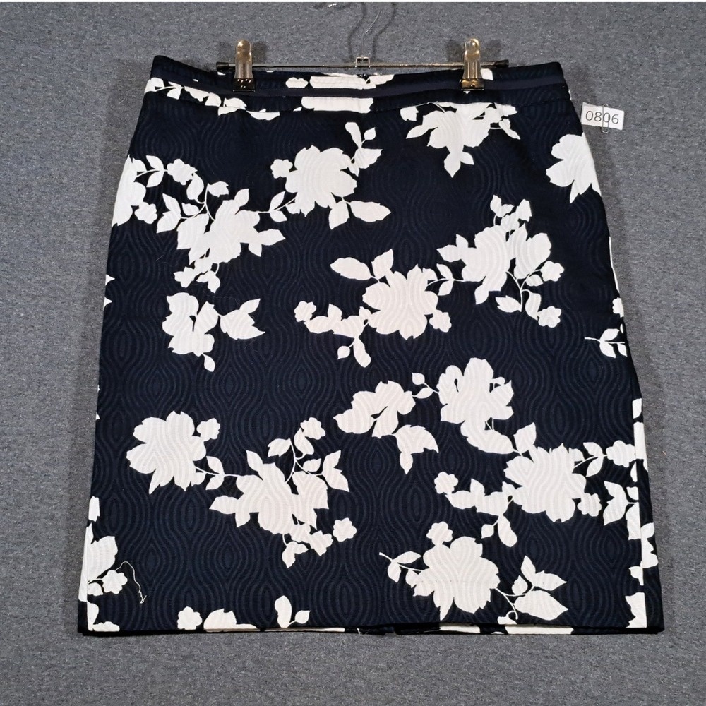 Talbots Petites Navy Blue White Floral Jacquard Pencil Skirt 12P Office Wear